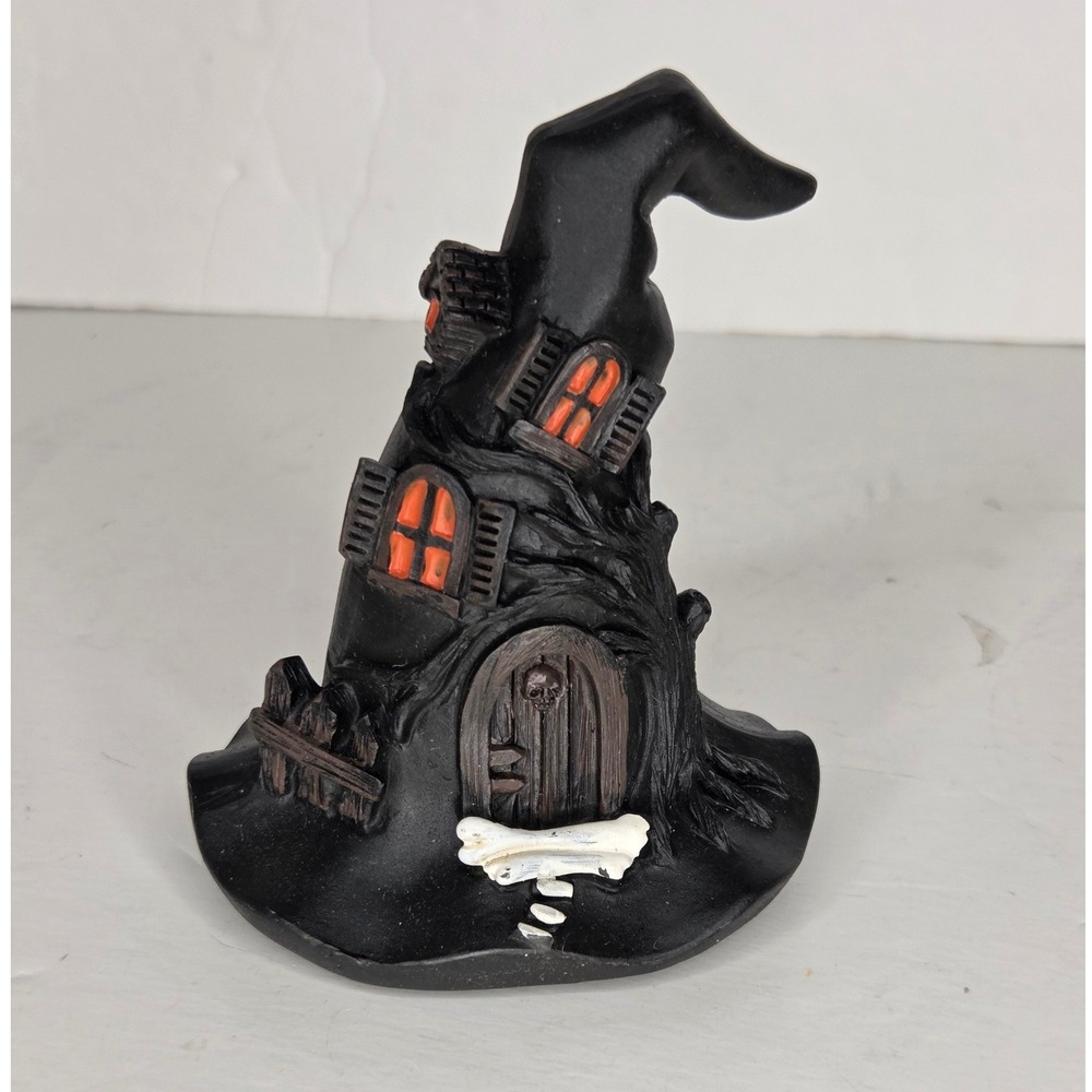 Halloween Haunted House Witch Hat Figurine Spooky Skull Bone Resin Decor Black